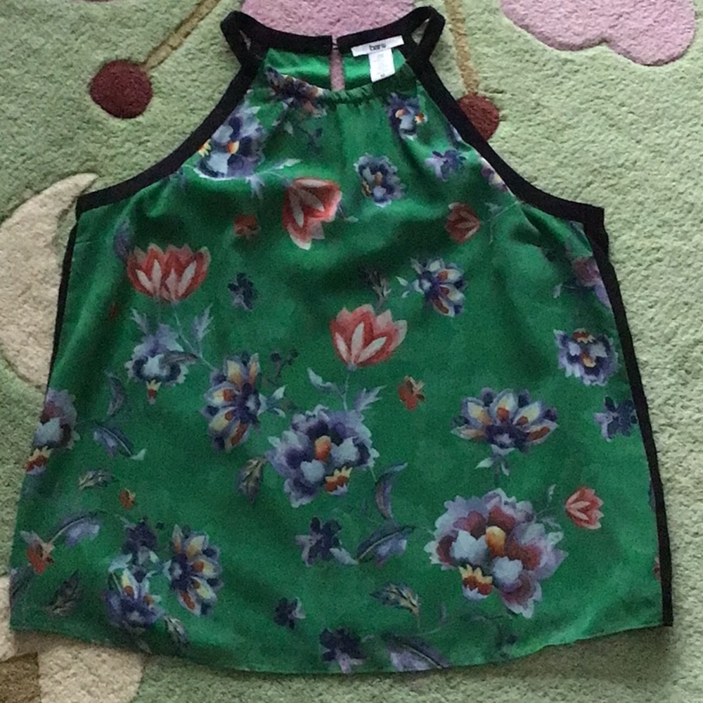Bar III green floral print with black trim summer top
